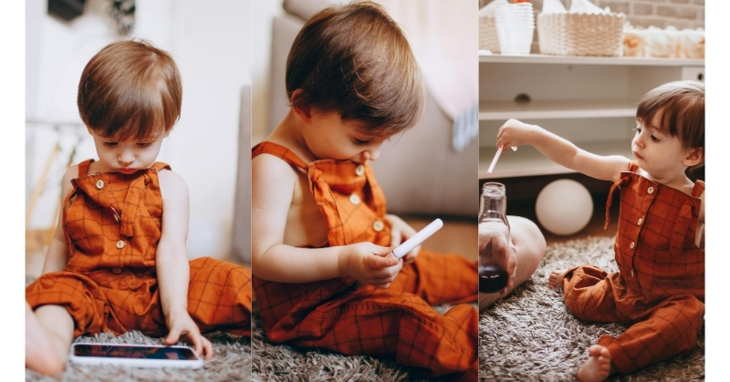 Child looking at a phone with low-stimulation shows