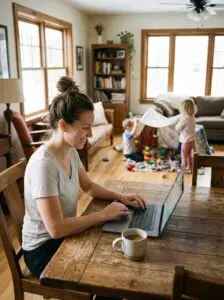 A smiling mom sitting at a wooden dining table with a laptop and a mug of coffee, exemplifying the "Family Project Manager". In the background, her children are playing together in a living room, illustrating how using AI tools like Gemini and ChatGPT to delegate logistics allows for more presence in the moments that matter.