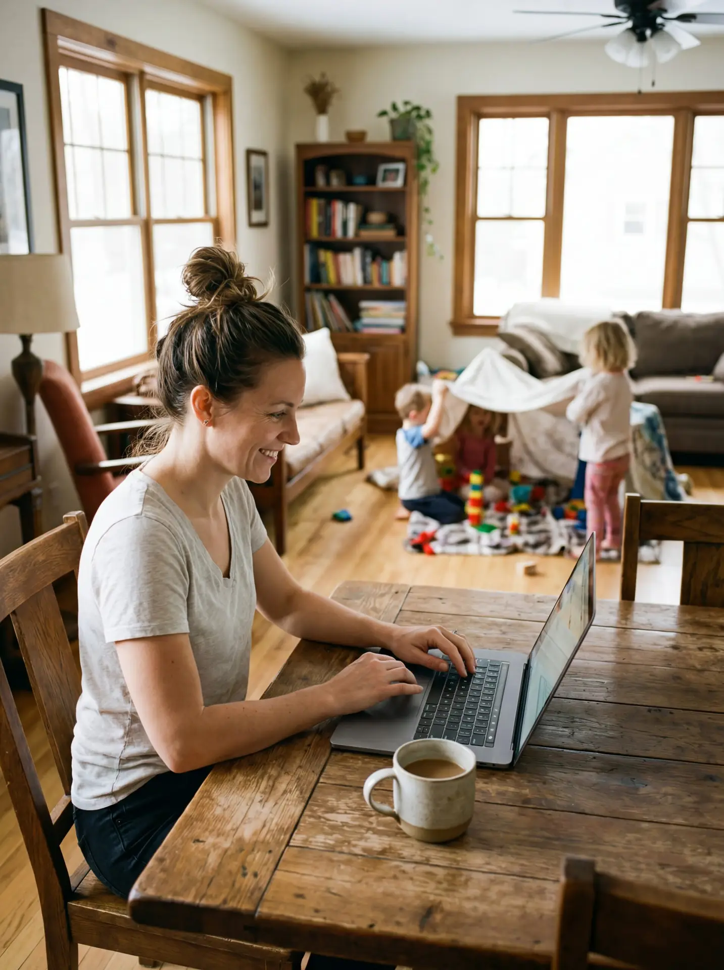A smiling mom sitting at a wooden dining table with a laptop and a mug of coffee, exemplifying the "Family Project Manager". In the background, her children are playing together in a living room, illustrating how using AI tools like Gemini and ChatGPT to delegate logistics allows for more presence in the moments that matter.
