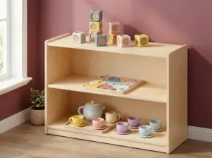 Montessori silicone toys for toddlers displayed on wooden shelf including Baby Bertie blocks, dinosaur puzzle, and tea set in pastel colors