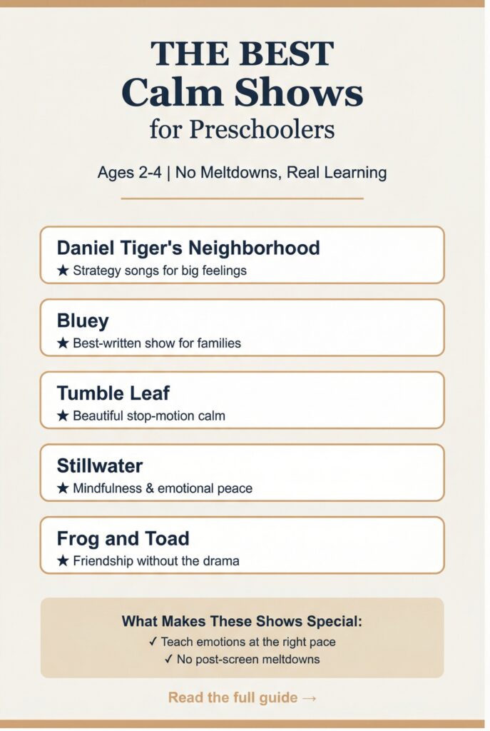 Pinterest graphic listing best calm shows for preschoolers ages 2-4 including Daniel Tiger, Bluey, Tumble Leaf, Stillwater and Frog and Toad