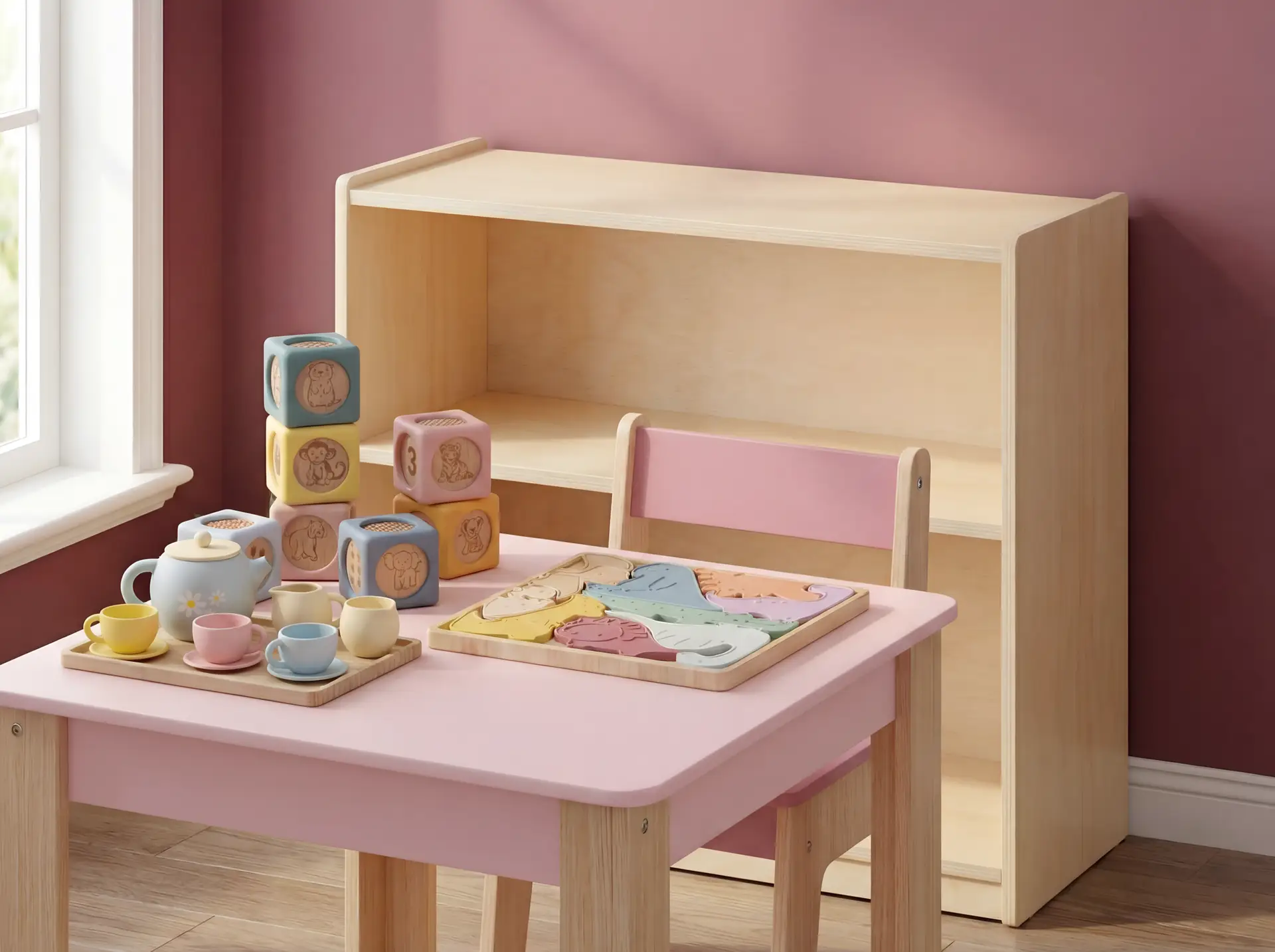 Toddler playing with Montessori silicone toys including Baby Bertie tea set, counting blocks, and dinosaur puzzle on pink play table