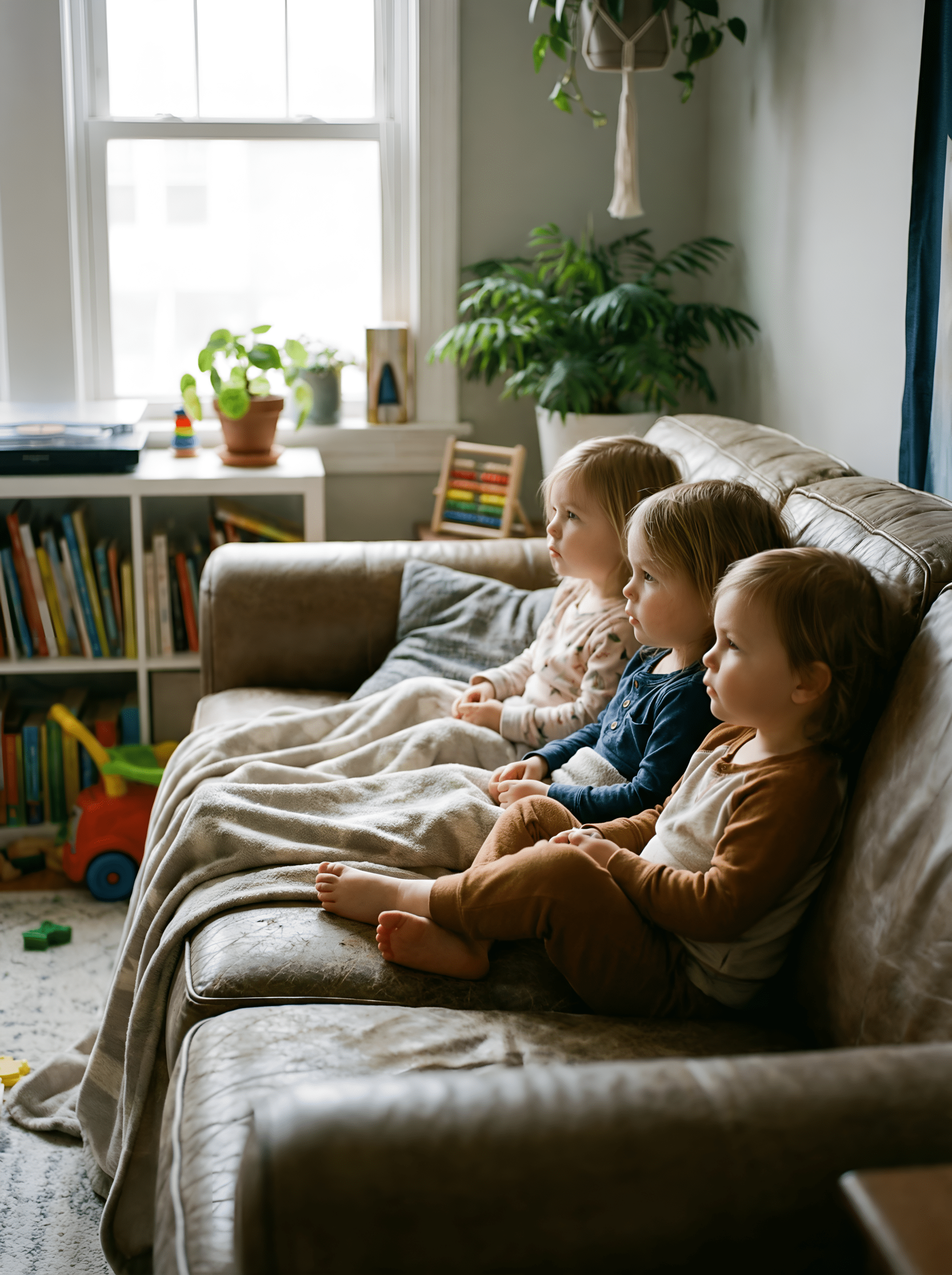 Three toddlers sitting on couch watching calm preschool shows together for educational screen time without overstimulation