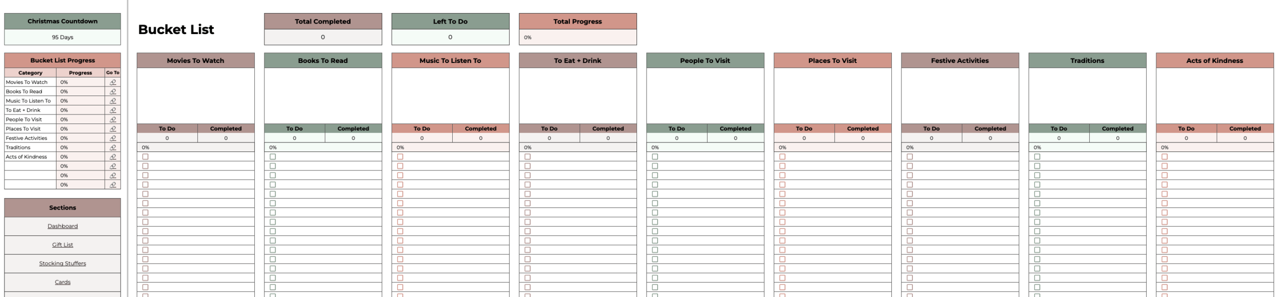 Ultimate Christmas Planner Bucket List tab showing holiday movies, activities, and traditions to plan