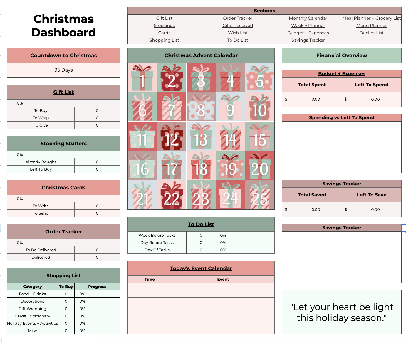 Ultimate Christmas Planner Dashboard tab showing the countdown, gift budget, and advent calendar at a glance
