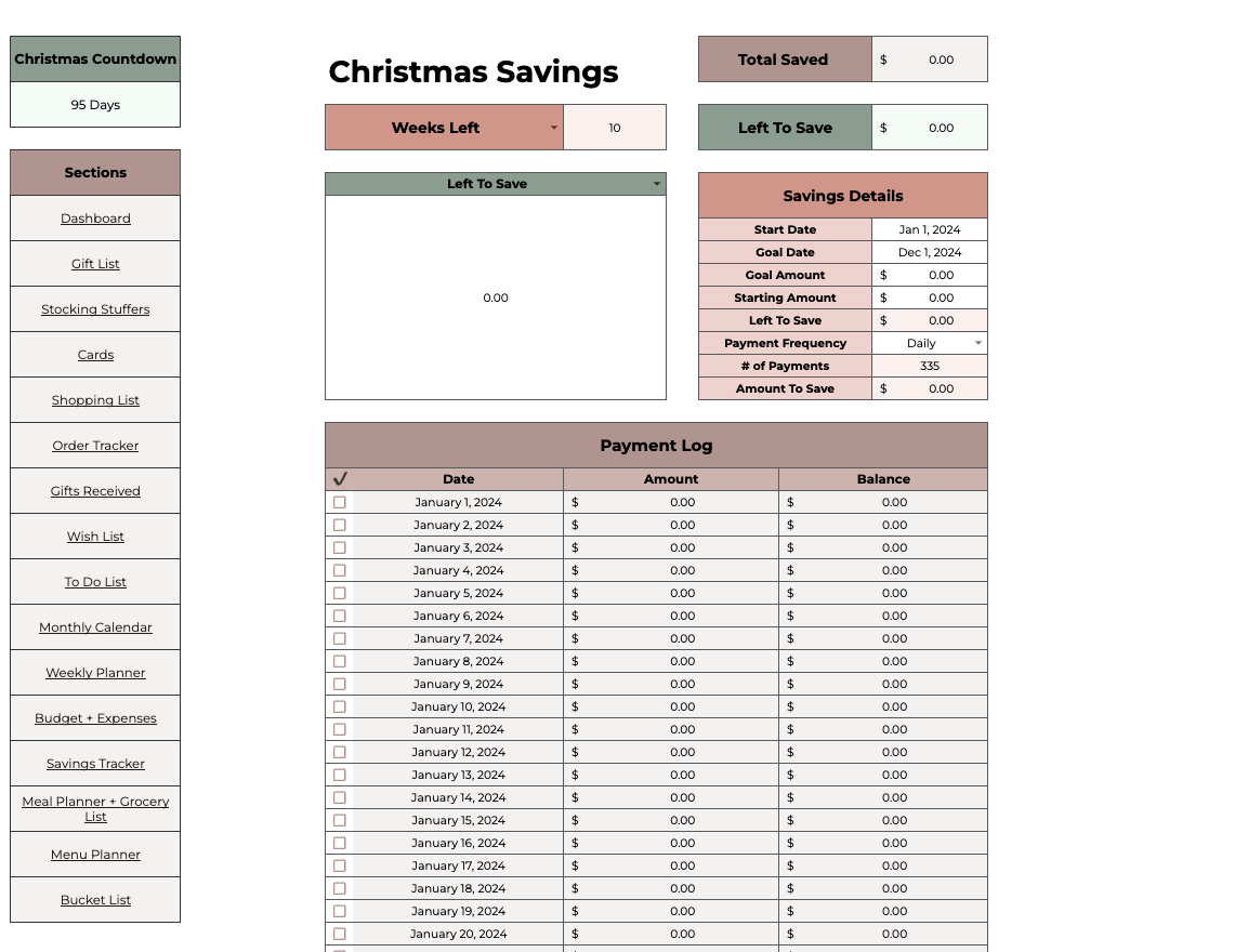 Ultimate Christmas Planner Savings Tracker tab showing the savings goal and weekly payment log