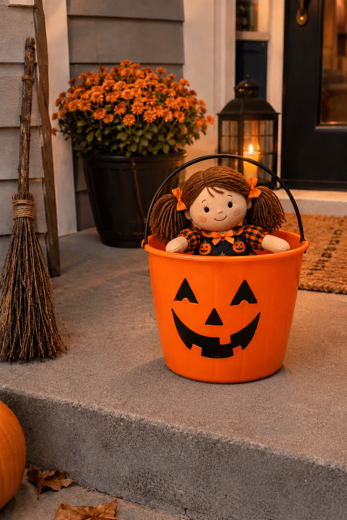 Plush doll left in a pumpkin trick or treat bucket by the switch witch, also called the candy fairy