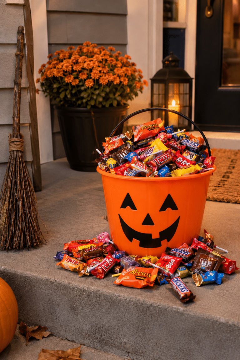 Orange pumpkin bucket overflowing with Halloween candy on a porch, ready for the switch witch tradition