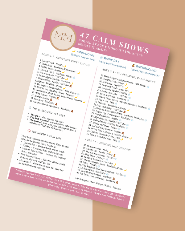 Calm TV shows cheat sheet for kids, printable PDF sorted by age and mood