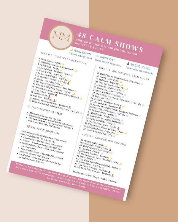 Calm TV shows cheat sheet for kids, printable PDF sorted by age and mood