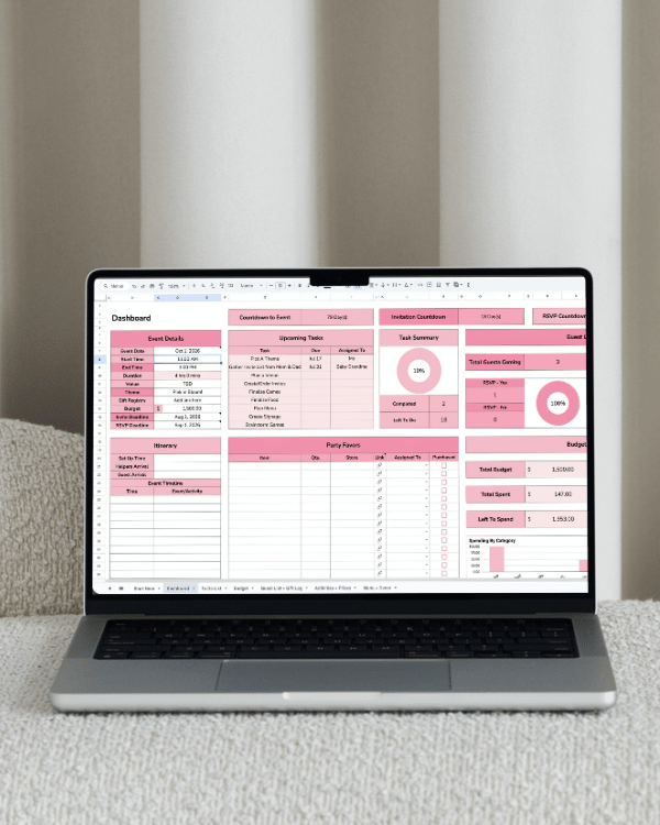 Baby shower planner Google Sheet with guest list and budget tracker