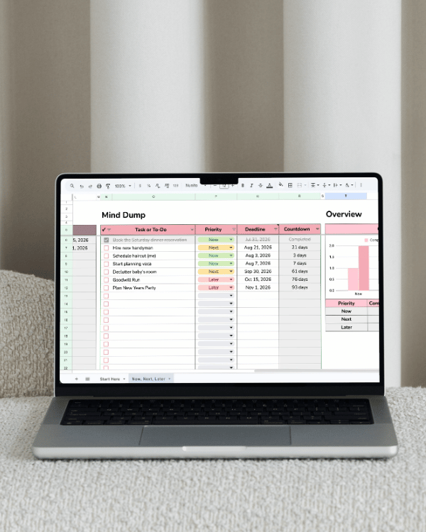 Laptop on a light rug showing a colorful spreadsheet labeled 'Mind Dump' with task columns and an overview chart on screen