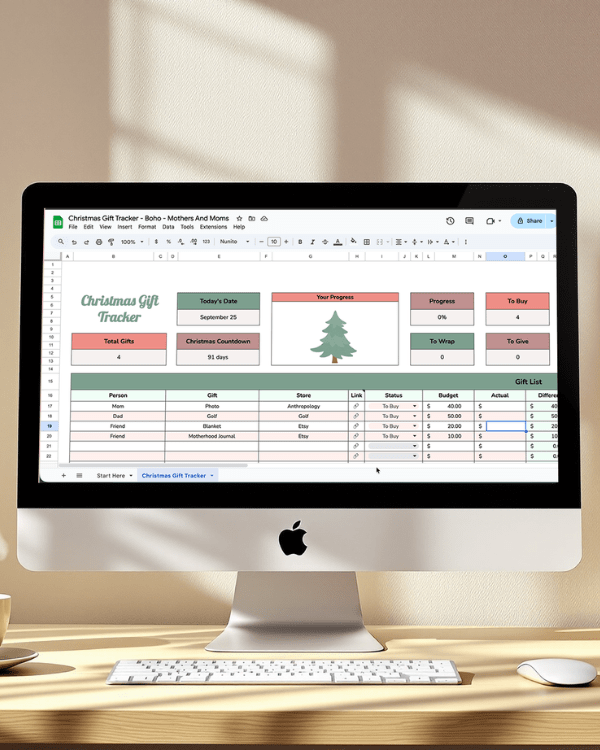 Christmas gift tracker Google Sheet for budgeting and planning