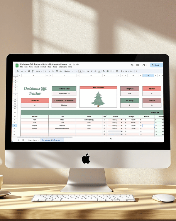 Christmas gift tracker Google Sheet for budgeting and planning