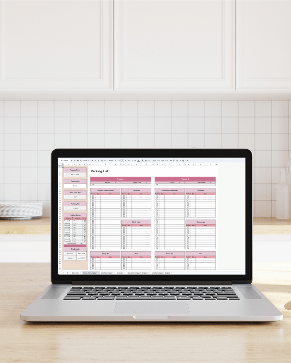 Family travel packing list Google Sheet on a laptop