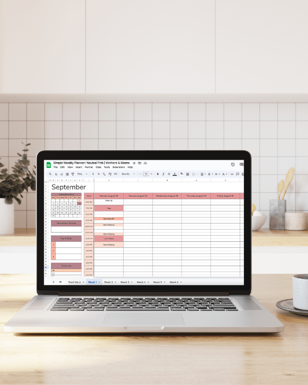 Weekly family planner Google Sheet with meals, appointments, and kids' activities