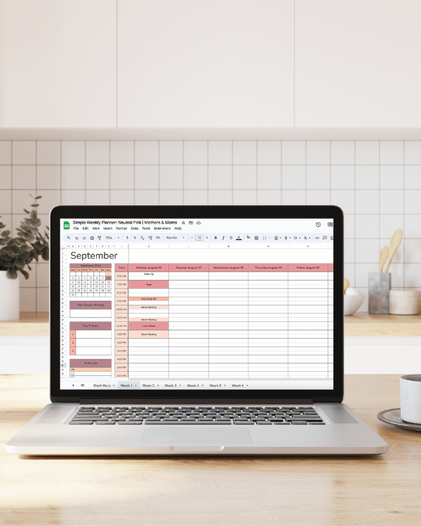 Weekly family planner Google Sheet with meals, appointments, and kids' activities