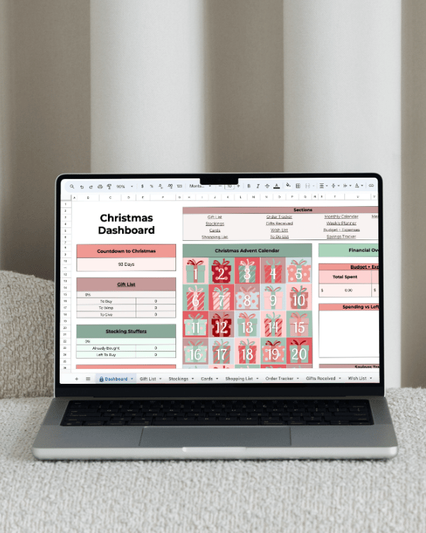 Ultimate Christmas Planner Google Sheet showing gift, budget, and savings tracker tabs